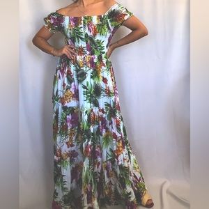 FLORAL off shoulder short sleeve tropical flower print dress w/voluminous skirt
